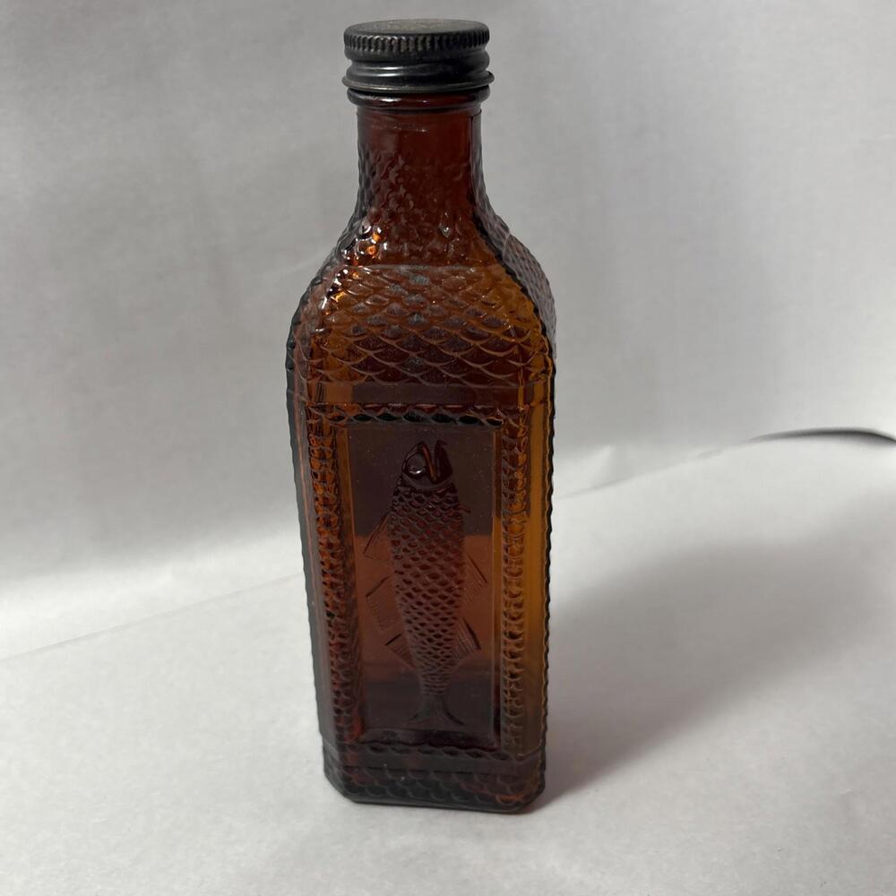 Vintage McKesson Embossed Fish Cod Liver Oil Bottle with Cap, Amber, Label - Picture 3 of 10